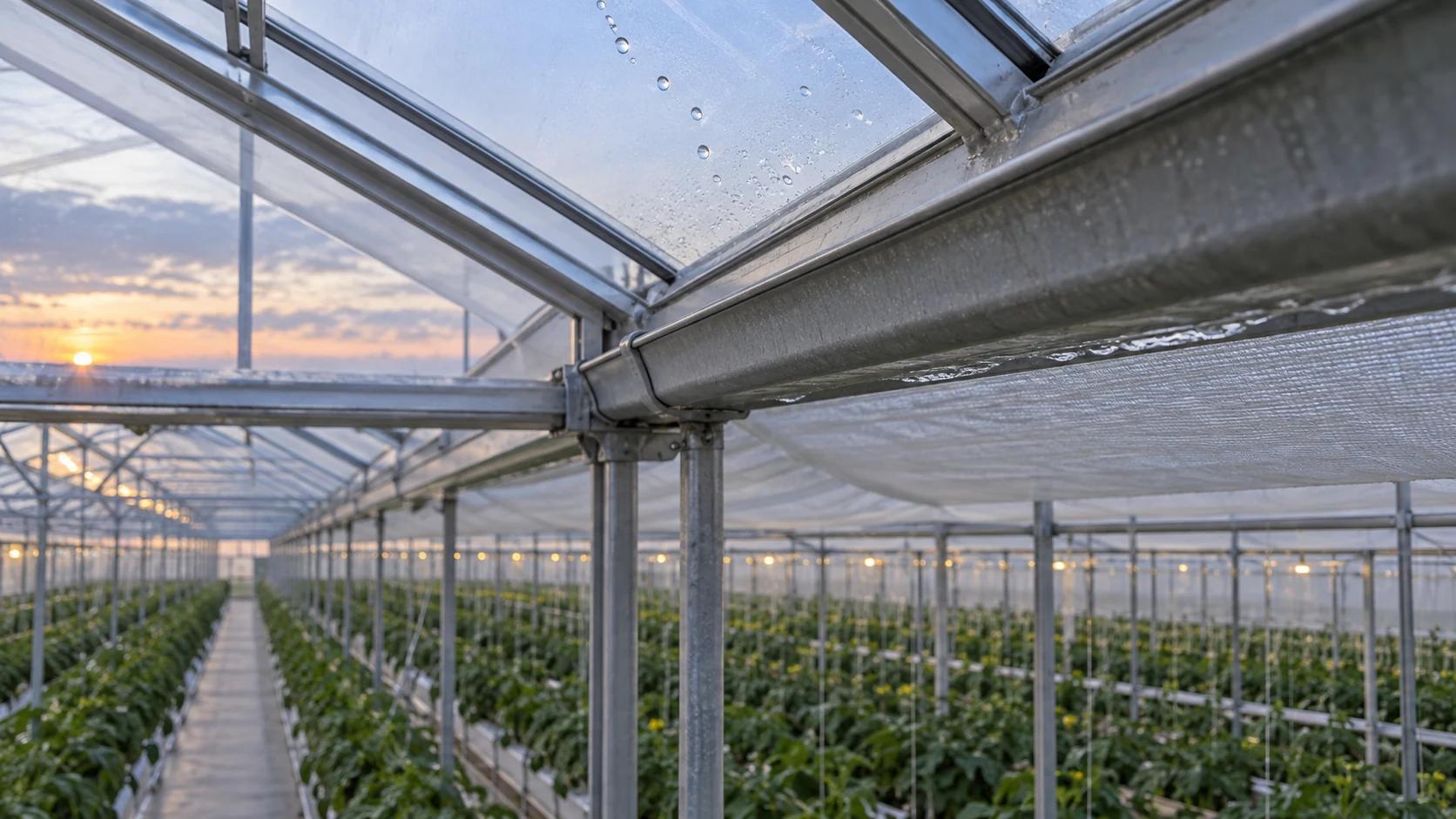 Conceptual greenhouse roof valley and gutter with moisture on nearby glazing; the water source is unverified