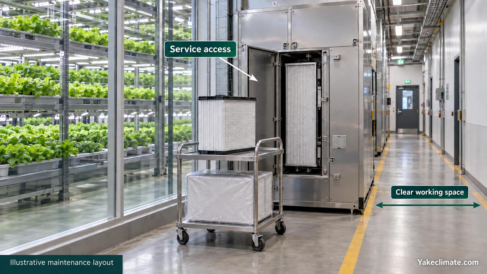 Filter cabinet with accessible service door, replacement-filter cart and clear working space outside a grow room.