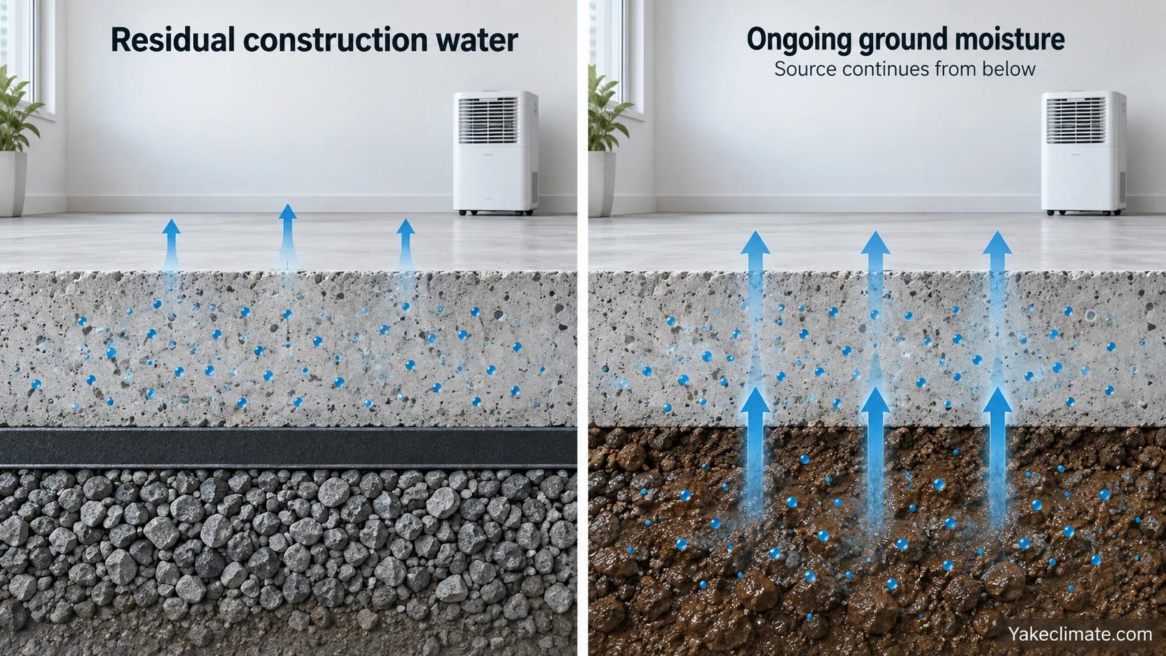 Residual water evaporating from a protected slab compared with ongoing moisture entering another slab from the ground.
