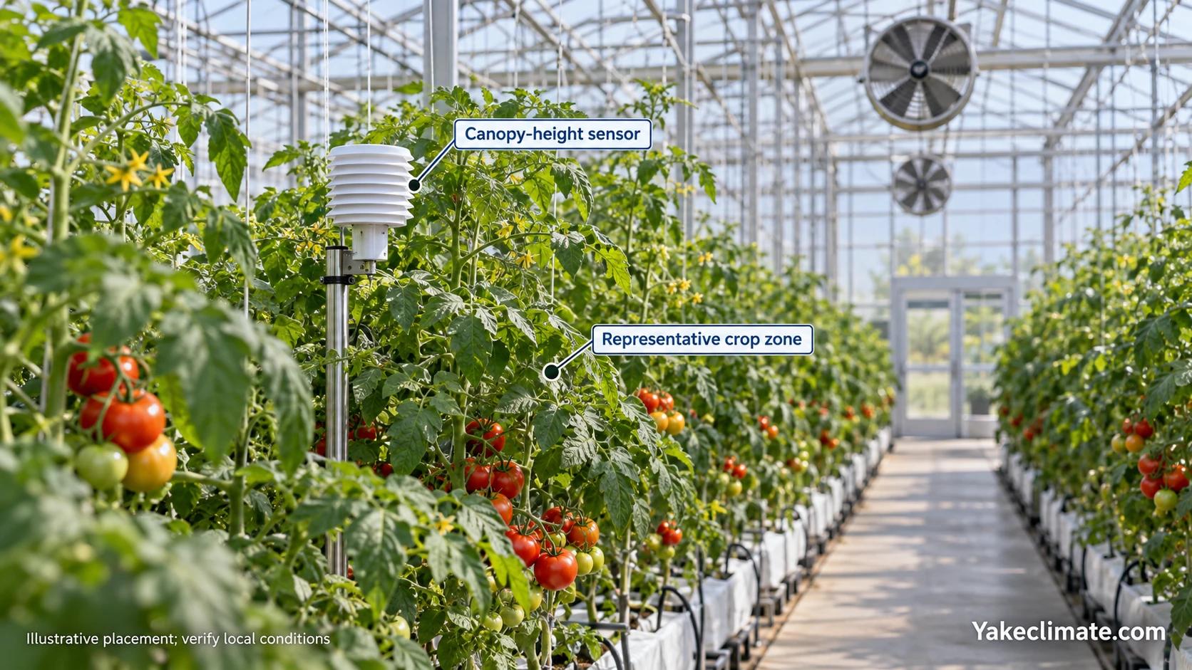 Shielded temperature and humidity sensor at tomato canopy height in a representative greenhouse crop zone.
