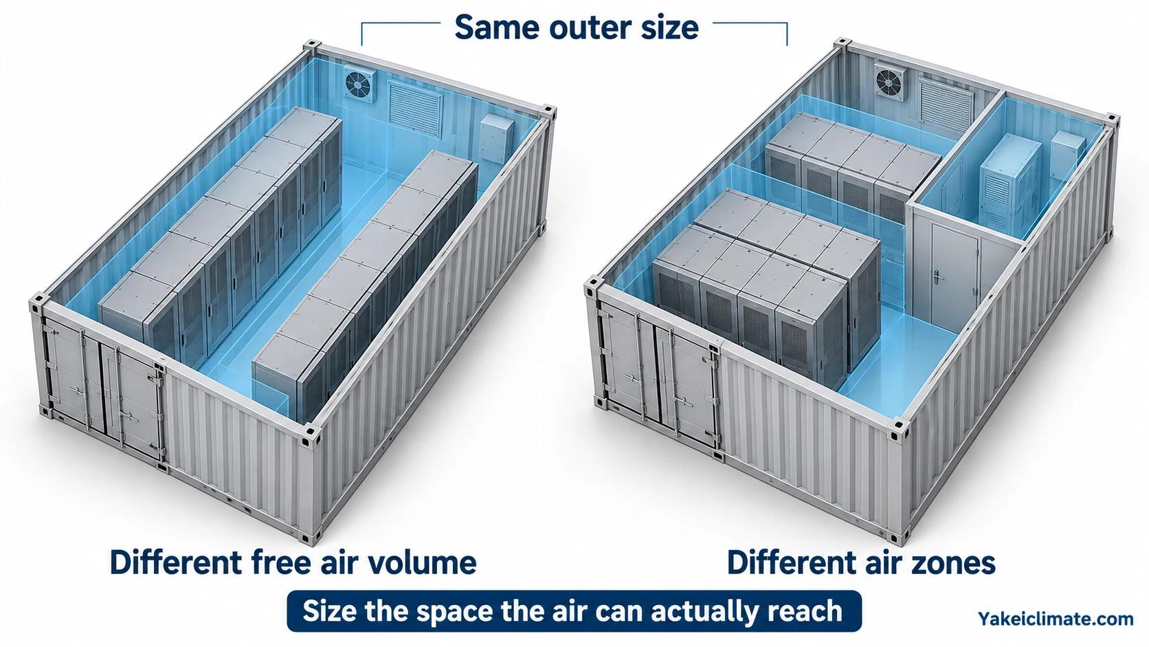 Conceptual cutaways of same-size container shells showing different equipment occupancy, free air spaces, and a separated compartment.