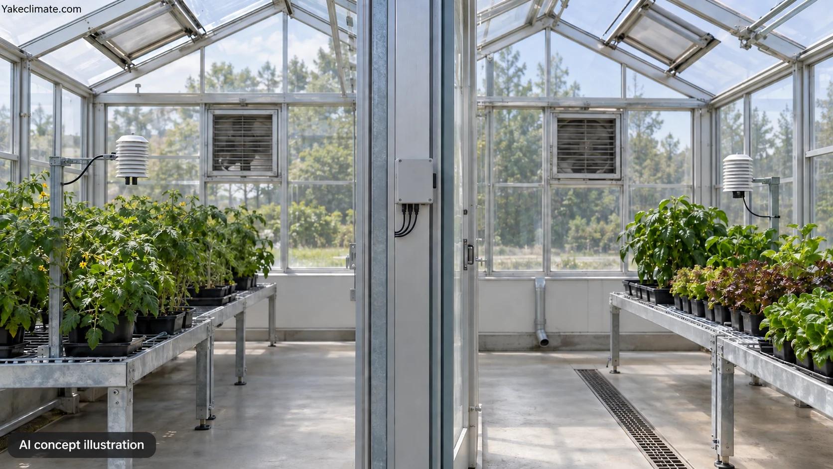 Conceptual illustration of adjacent research greenhouse zones; not an actual Yakeclimate facility or evidence of airtight separation