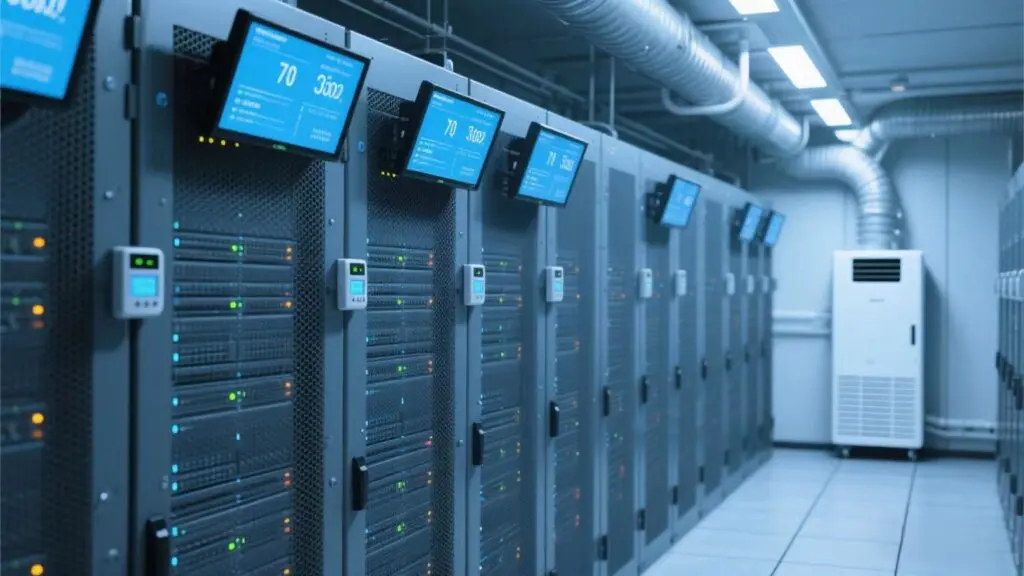 Dehumidification equipment operating beside data-center server racks.