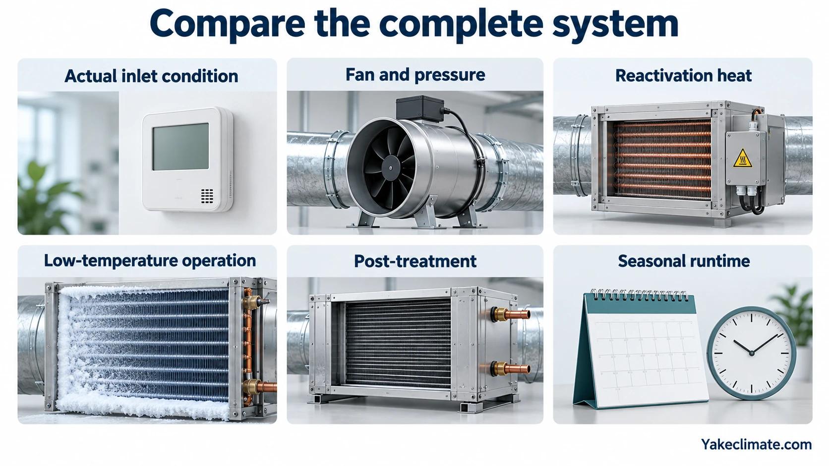Six factors for system energy comparison: inlet conditions, fan pressure, reactivation heat, cold operation, post-treatment and seasonal runtime.
