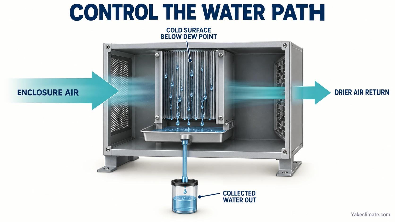 Enclosure air crosses a cold surface while condensed water collects in a tray and drains downward.