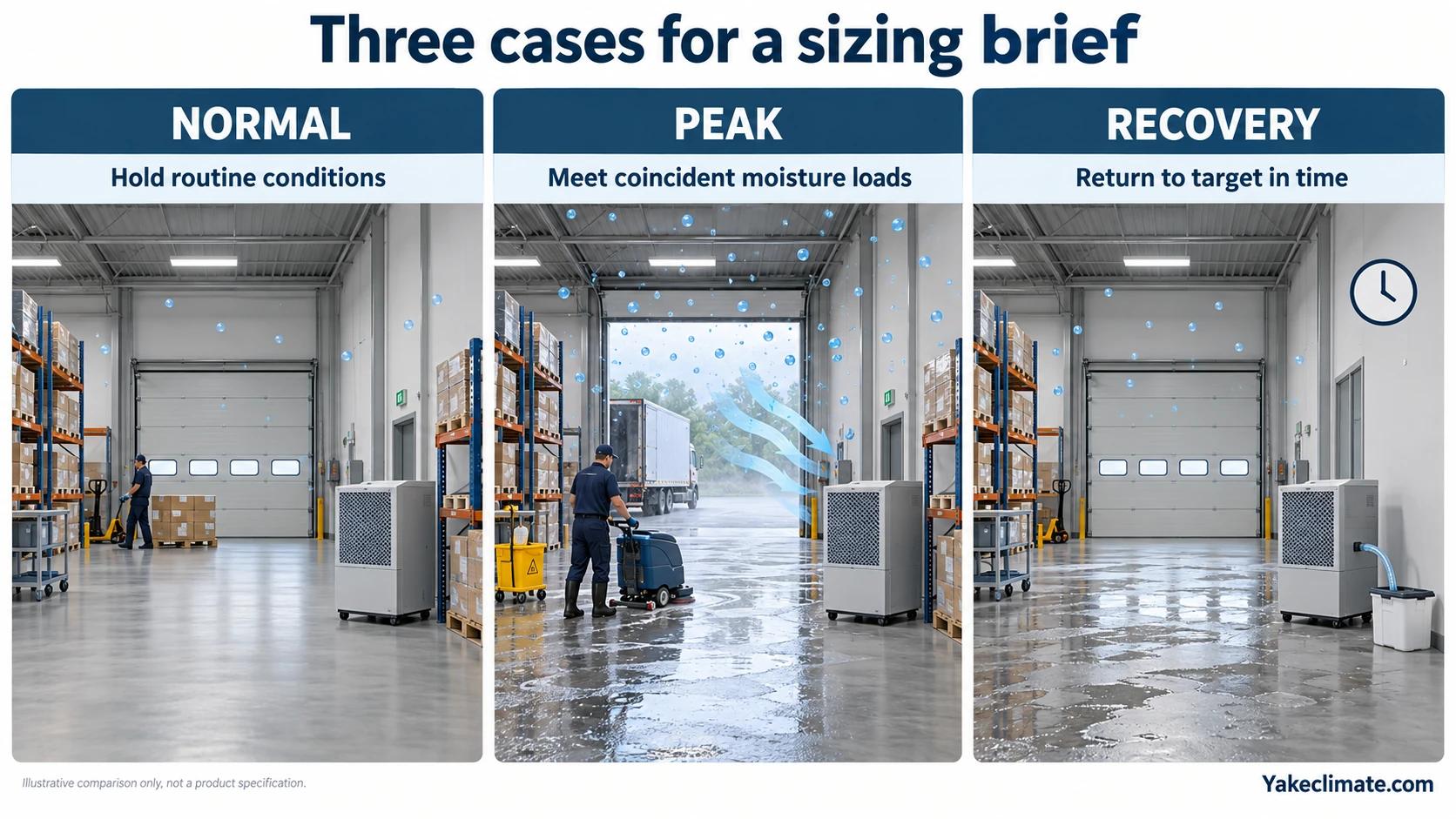 Three warehouse operating cases for dehumidifier sizing: routine conditions, coincident peak moisture and recovery after washdown.