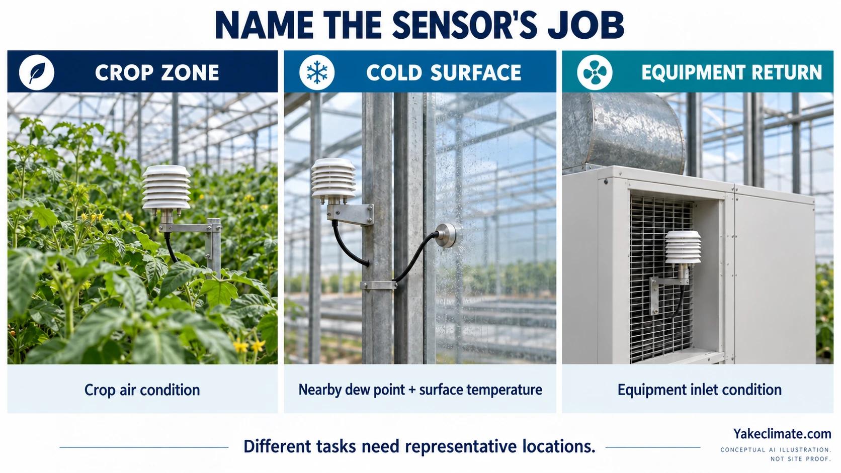 Three greenhouse sensor roles: canopy air condition, air and surface measurements near cold glazing, and equipment return-air condition.