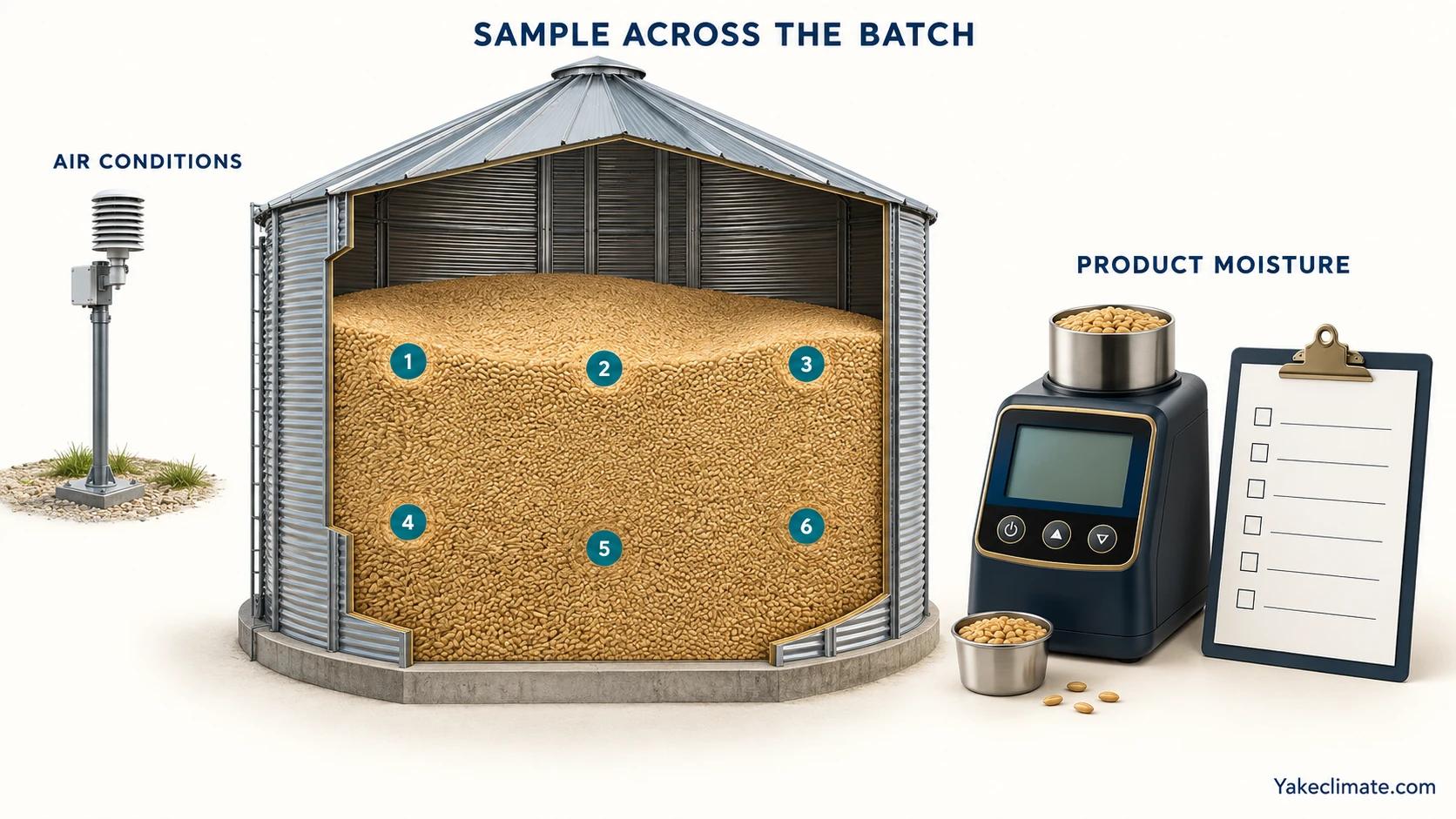 A grain-bin cutaway shows sample locations at different positions and depths beside a product-moisture meter.