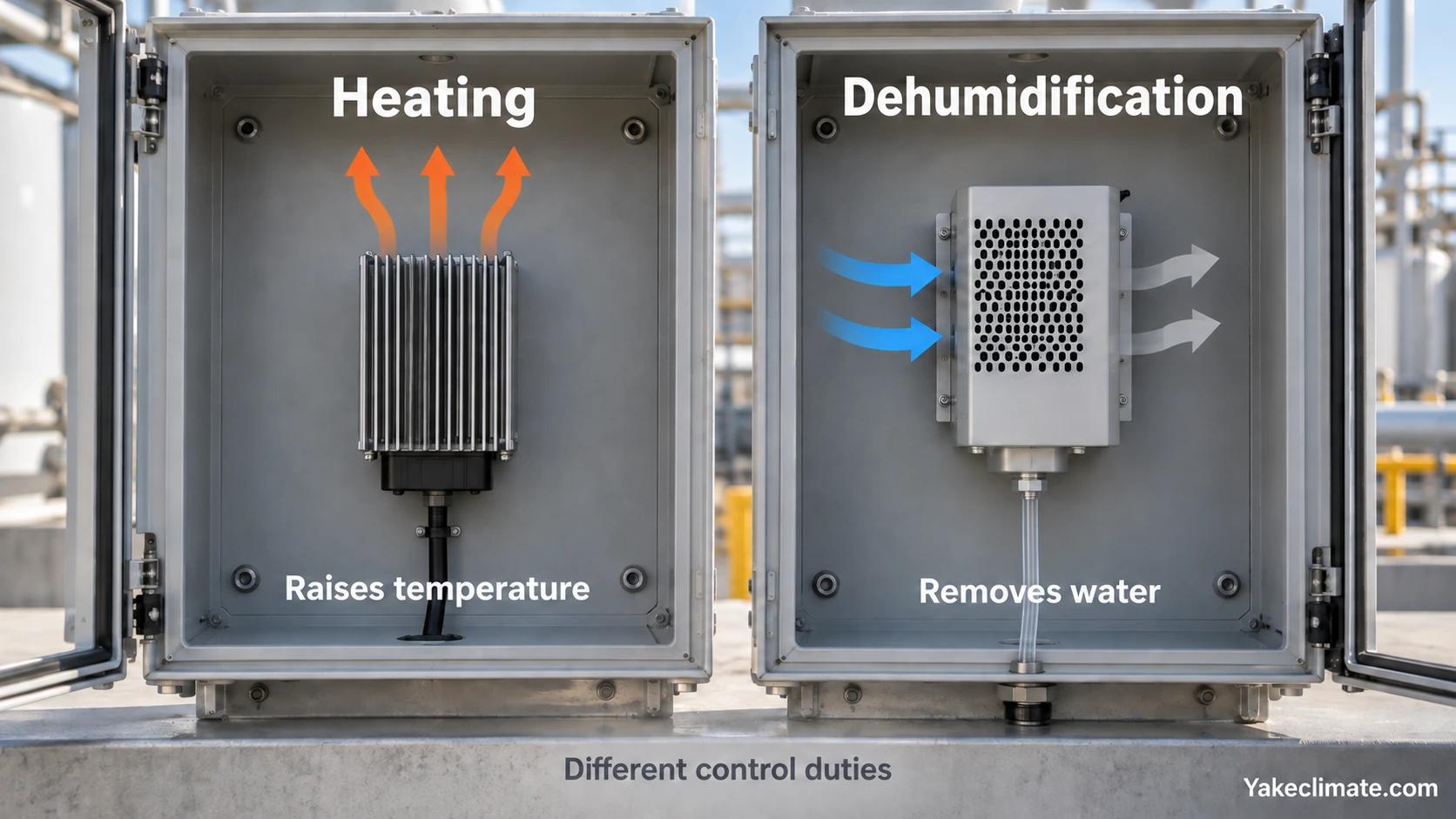 Two conceptual enclosure demonstrators comparing a heater that raises temperature with a dehumidifier that removes water through a drain tube.