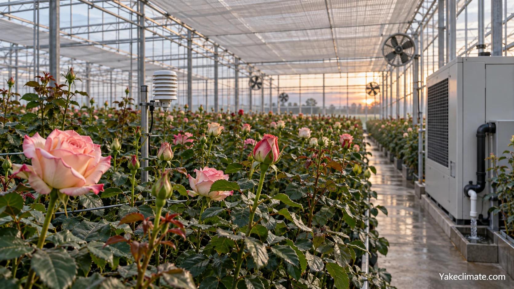 Conceptual cut-rose greenhouse with rose rows, crop-zone sensor, fans and generic air-treatment equipment; not a Yakeclimate project photograph