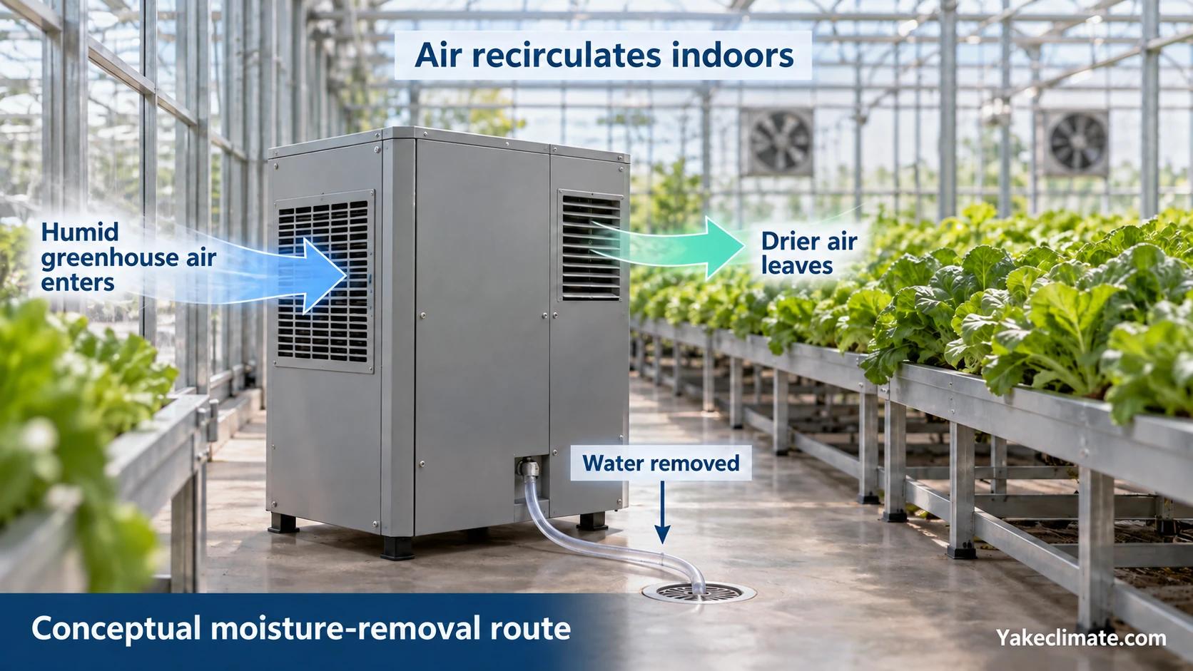 Conceptual greenhouse dehumidifier taking in humid air, returning drier air indoors and draining collected water.