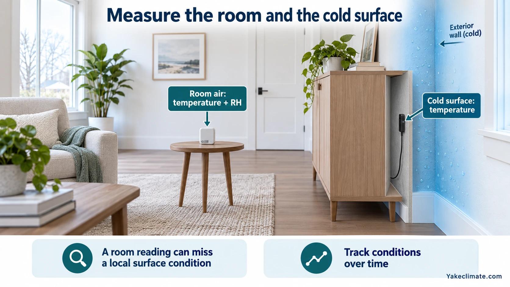 Room temperature and humidity logger compared with a contact temperature sensor at a cold exterior wall behind a cabinet.