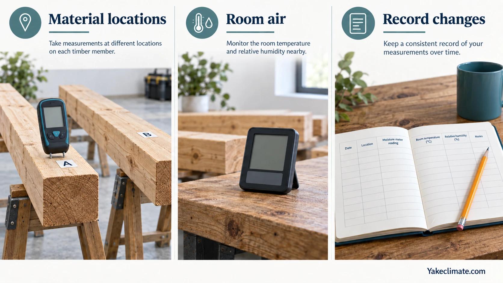 Separate illustrations of timber moisture measurement locations, room air monitoring and a drying record.