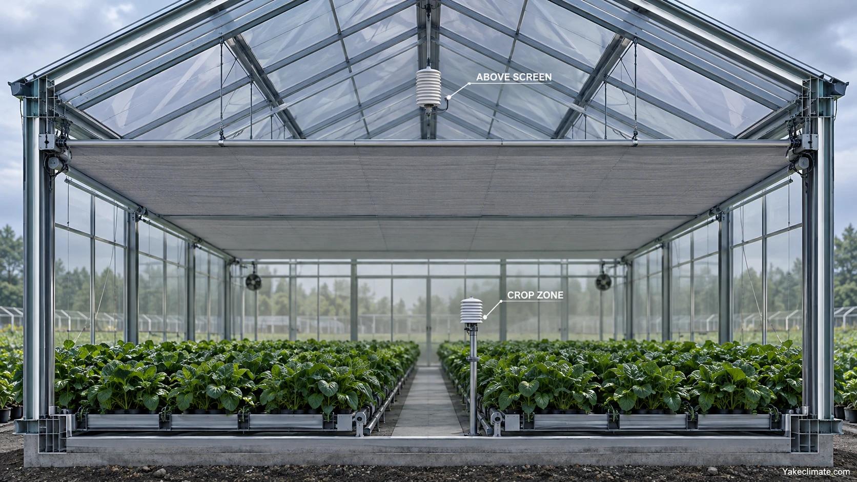 Separate temperature and humidity sensors above a closed greenhouse screen and near the crop zone.