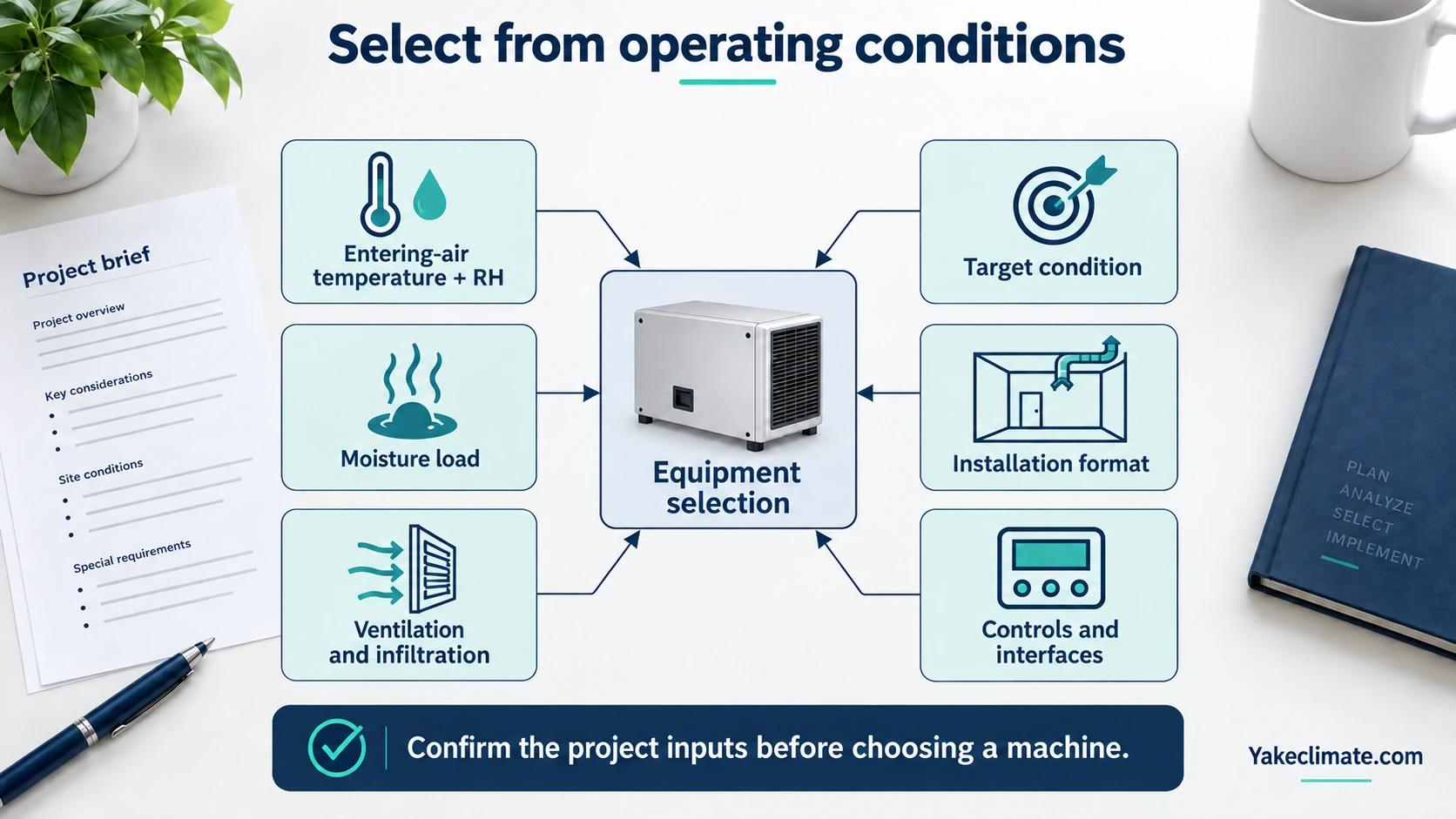 Six project inputs feeding dehumidifier selection: entering-air conditions, target, moisture load, ventilation, format and controls.