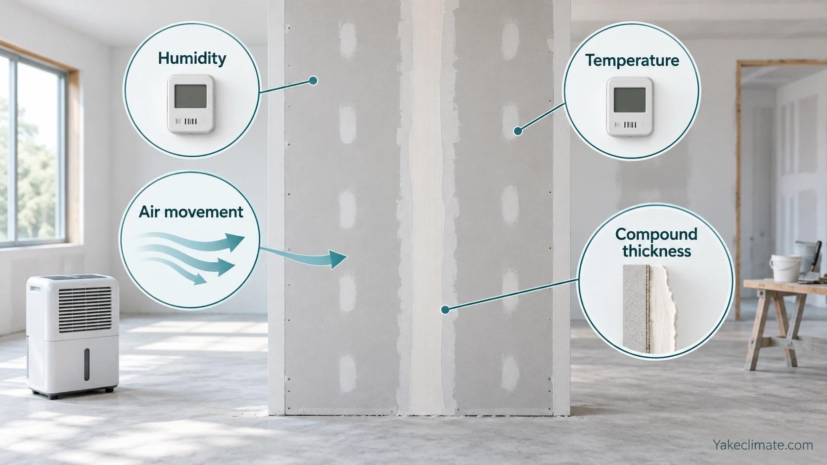 Drywall joint-compound drying factors illustrated as humidity, temperature, air movement and coating thickness.