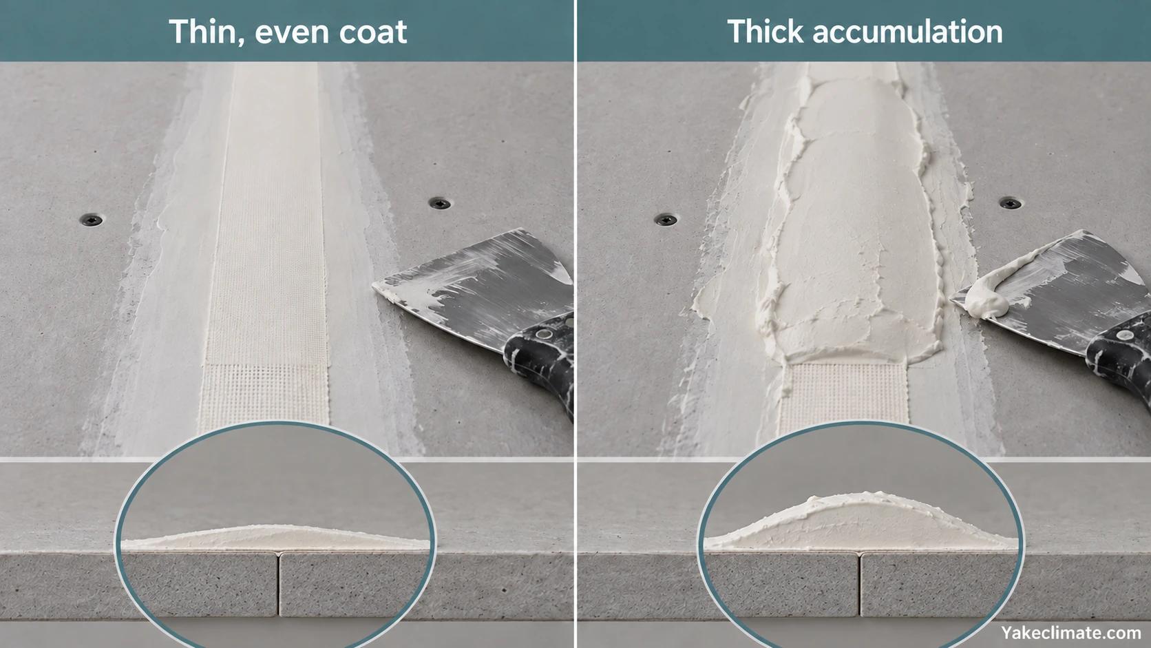 Thin even joint compound compared with a thick accumulation, including enlarged side profiles.
