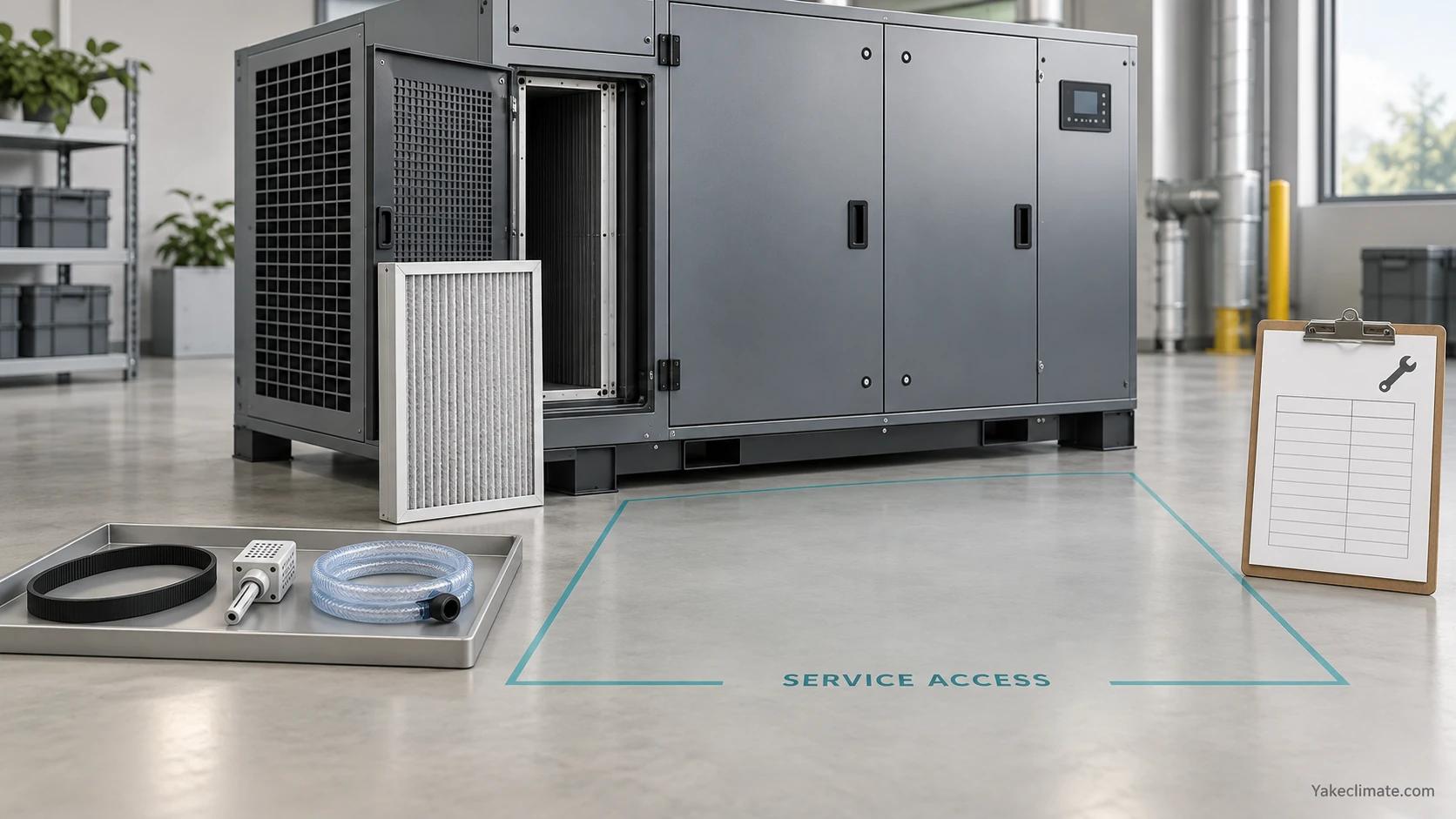 An accessible filter compartment, maintenance components and a blank service log beside a dehumidifier.