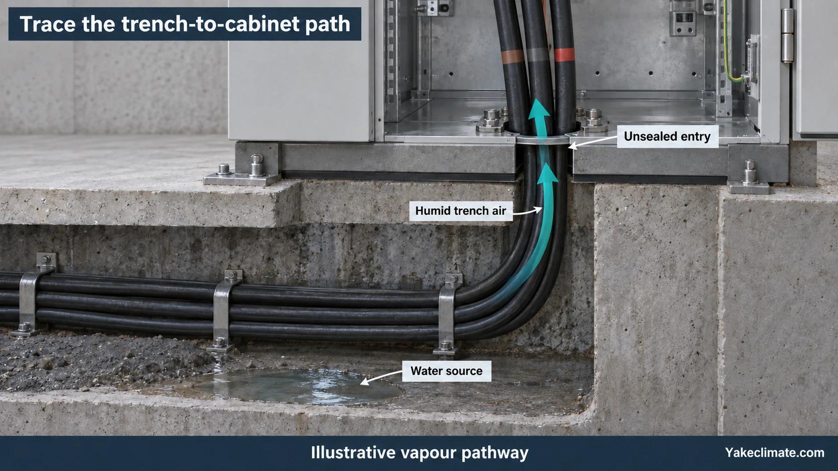 Illustrative cabinet-base cutaway showing humid trench air passing through an unsealed cable entry above a patch of standing water.