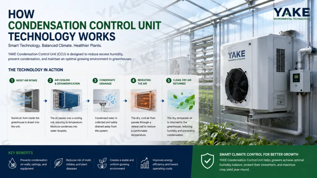 Infographic showing how a condensation-control unit protects an electrical cabinet.