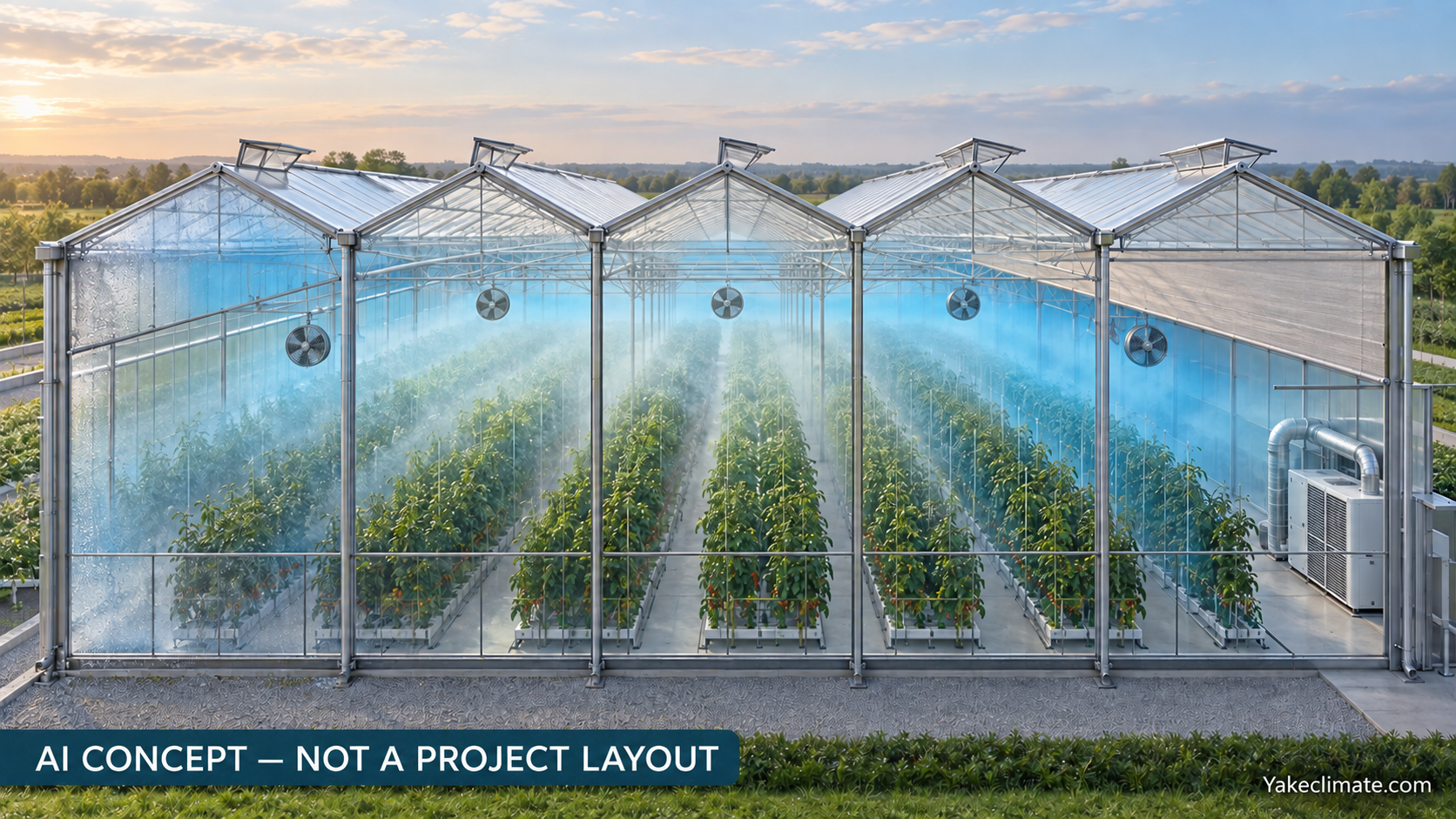Conceptual illustration of a multi-span greenhouse with crop rows, roof vents, circulation fans and a generic equipment area; not an actual Yakeclimate installation.