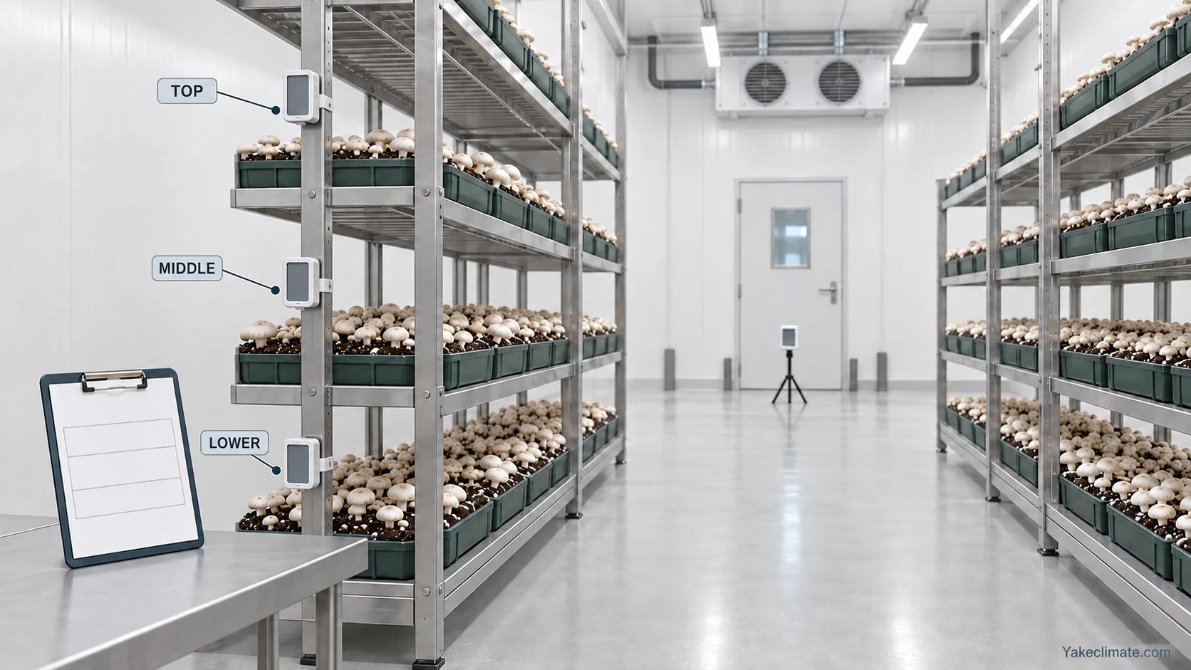 Temporary humidity loggers clipped to rack posts at upper, middle and lower mushroom tray levels.
