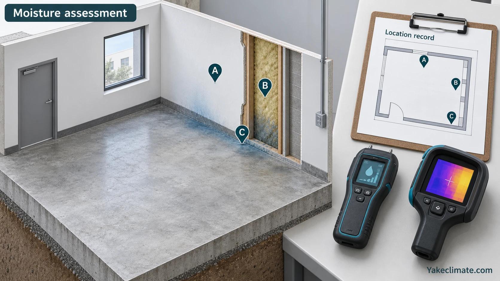 Illustrated wall, cavity and floor moisture inspection points matched to a location record.