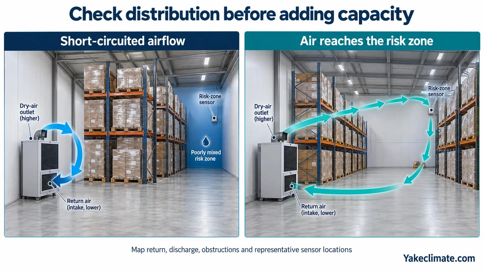 Warehouse comparison showing short-circuited dehumidifier airflow versus a circulation path that reaches a remote risk-zone sensor.