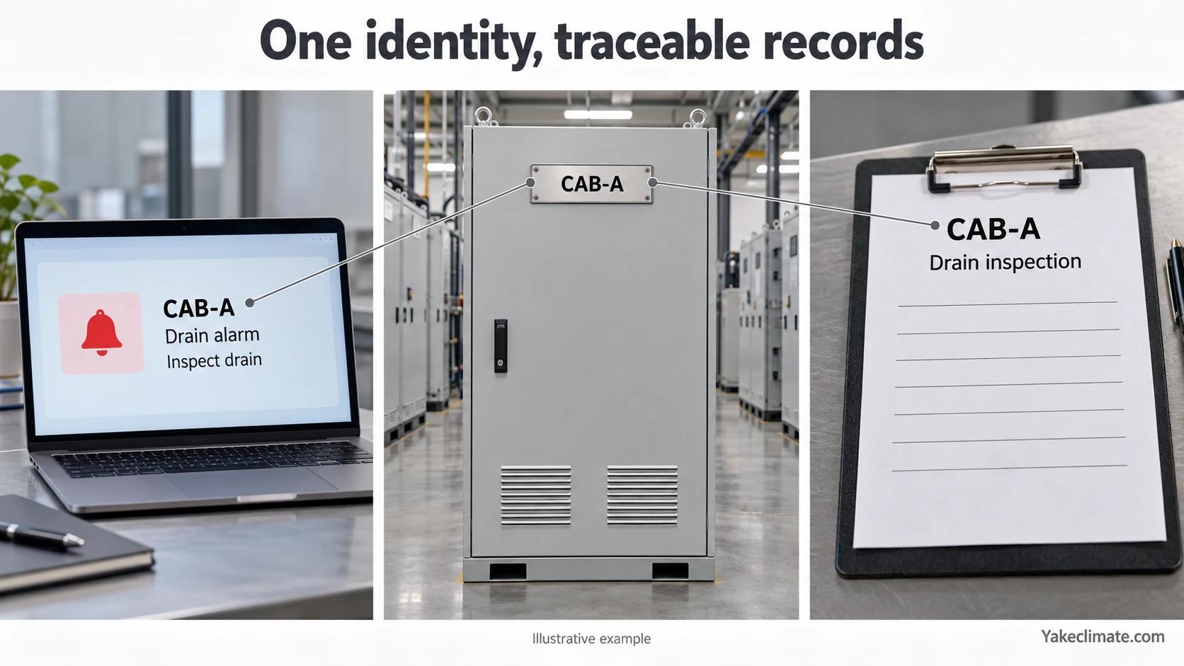 Illustrative CAB-A identifier linking a drain alarm on a laptop, a physical cabinet nameplate and a drain inspection record.