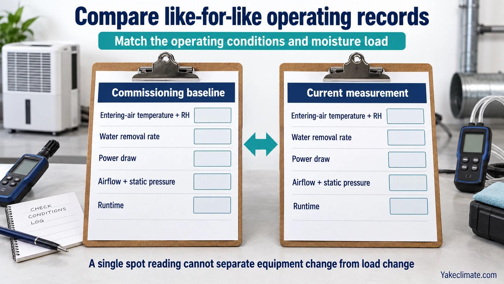 Matching commissioning and current-measurement forms for inlet conditions, water removal, power, airflow, static pressure and runtime.