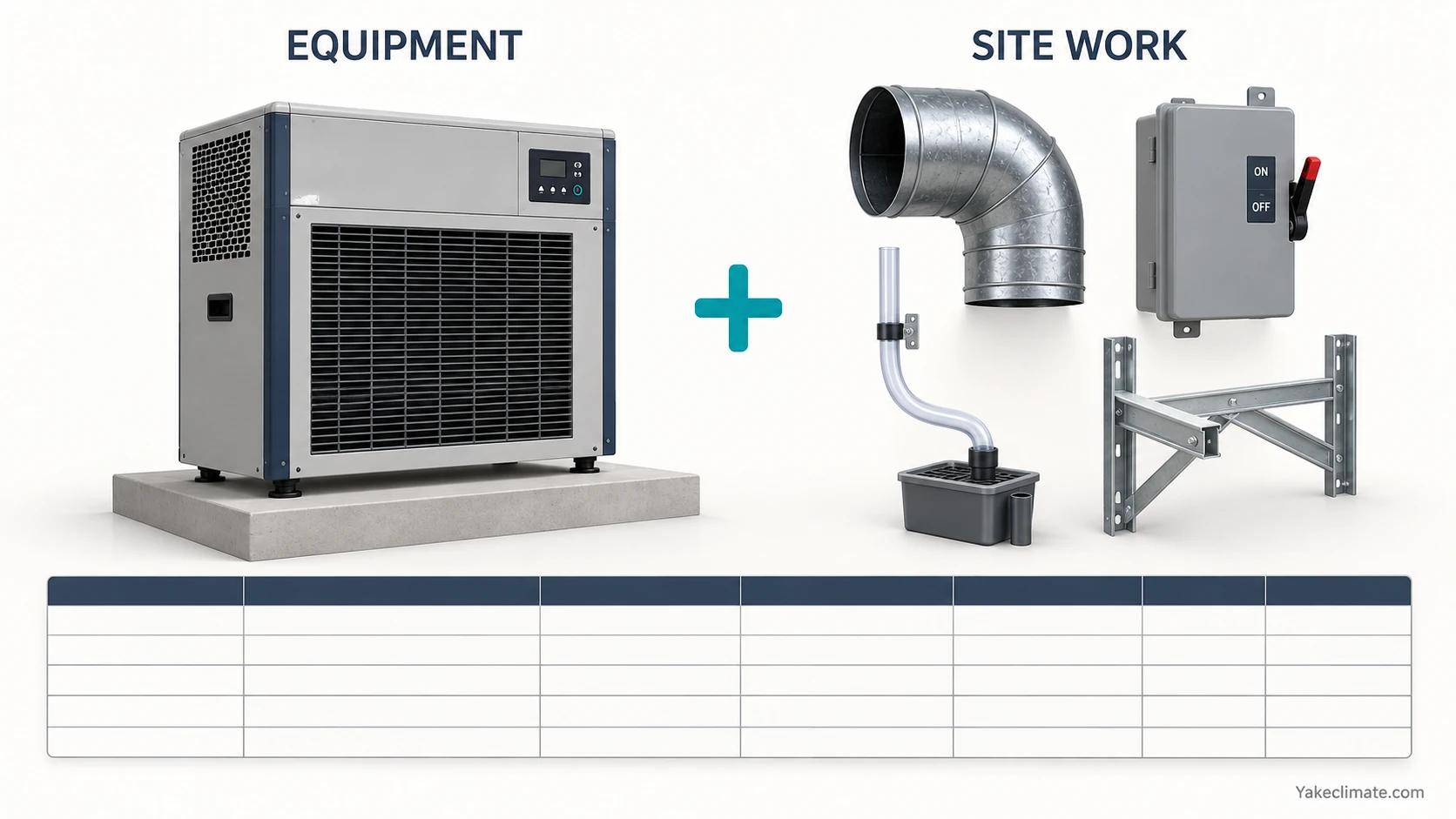 Equipment purchase and separate ducting, electrical, drainage and mounting work above a blank project-budget worksheet.