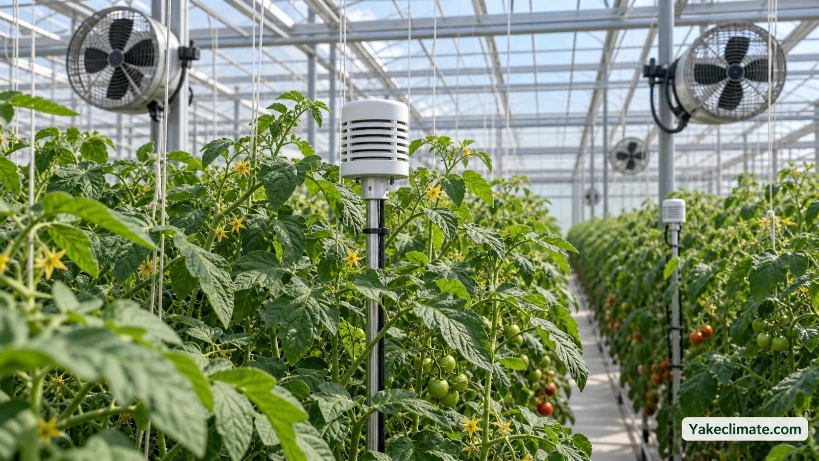 Environmental sensors positioned at tomato canopy height beneath greenhouse circulation fans.