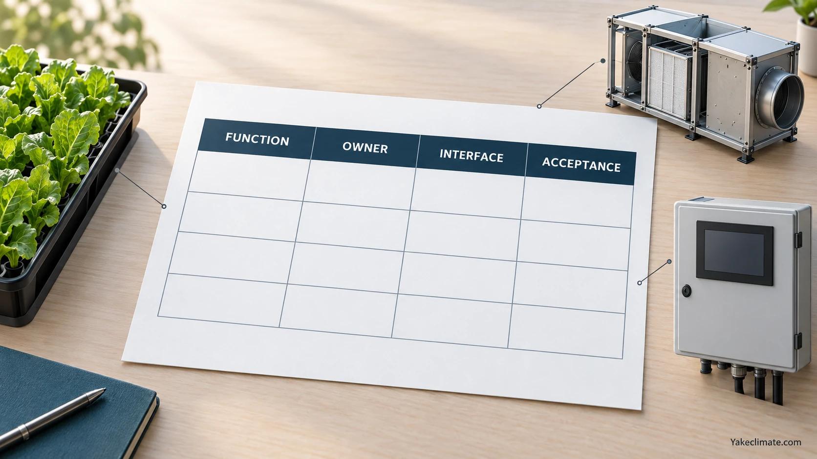 Blank responsibility matrix with function, owner, interface and acceptance columns beside crop, equipment and controls.