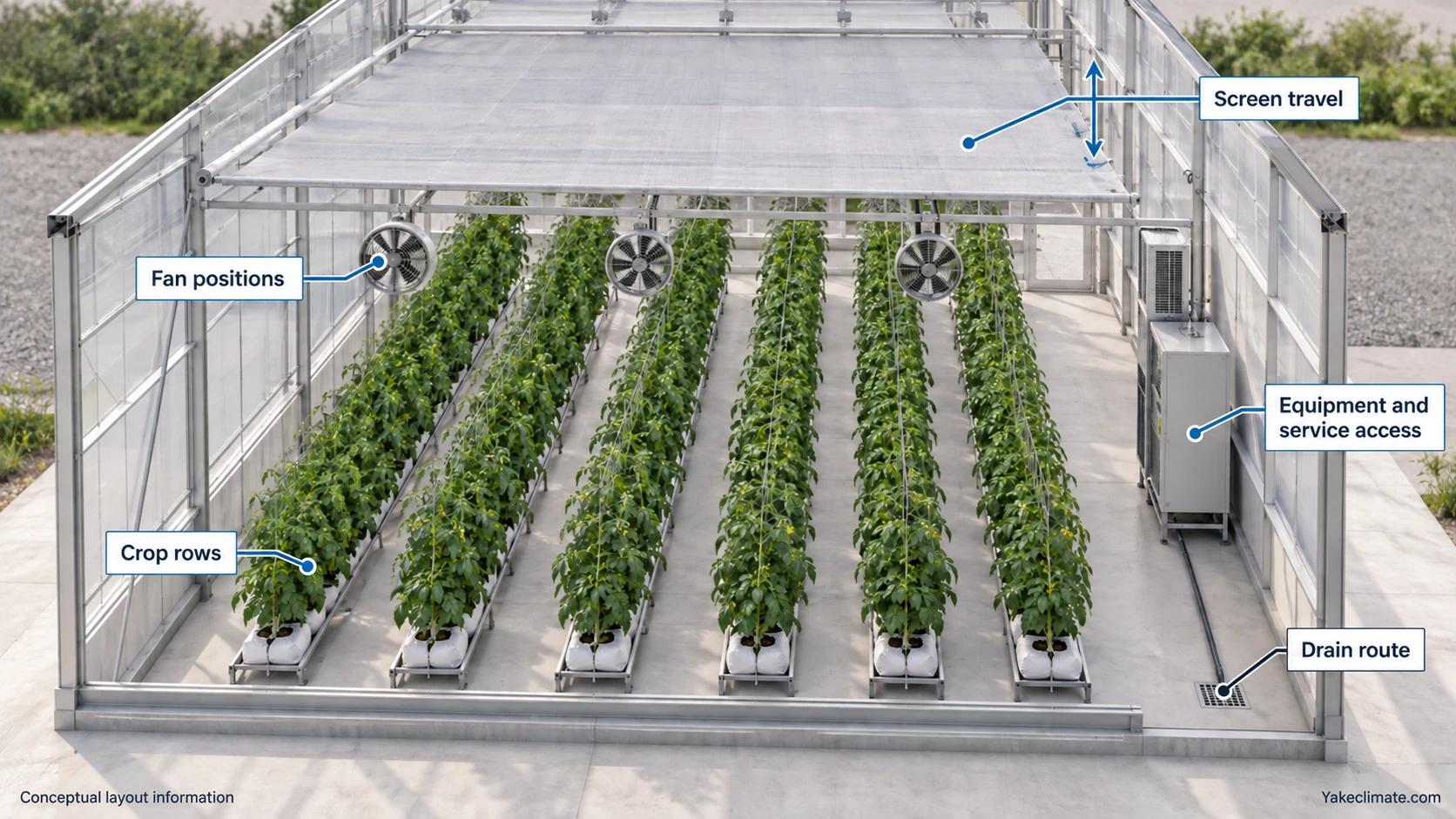 Conceptual greenhouse layout identifying crop rows, fan positions, thermal-screen travel, equipment service space and a separate drain route.