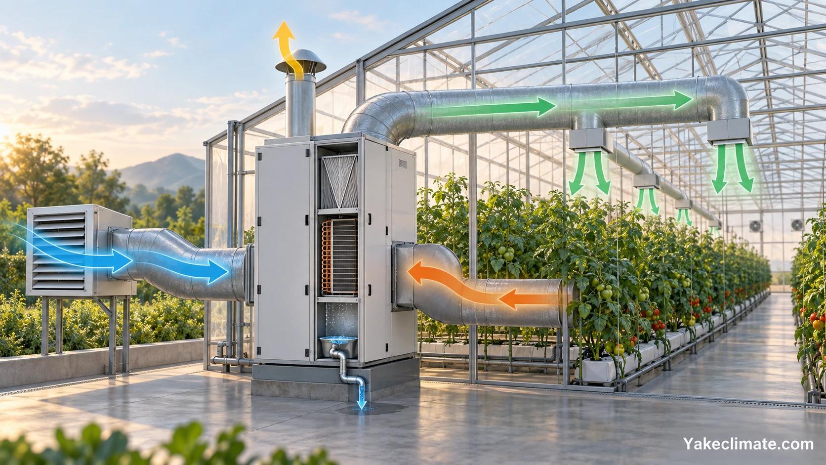 AI-created conceptual semi-closed greenhouse scene with generic air-treatment equipment, blue outside-air intake, amber crop return, green treated supply, exhaust and condensate arrows