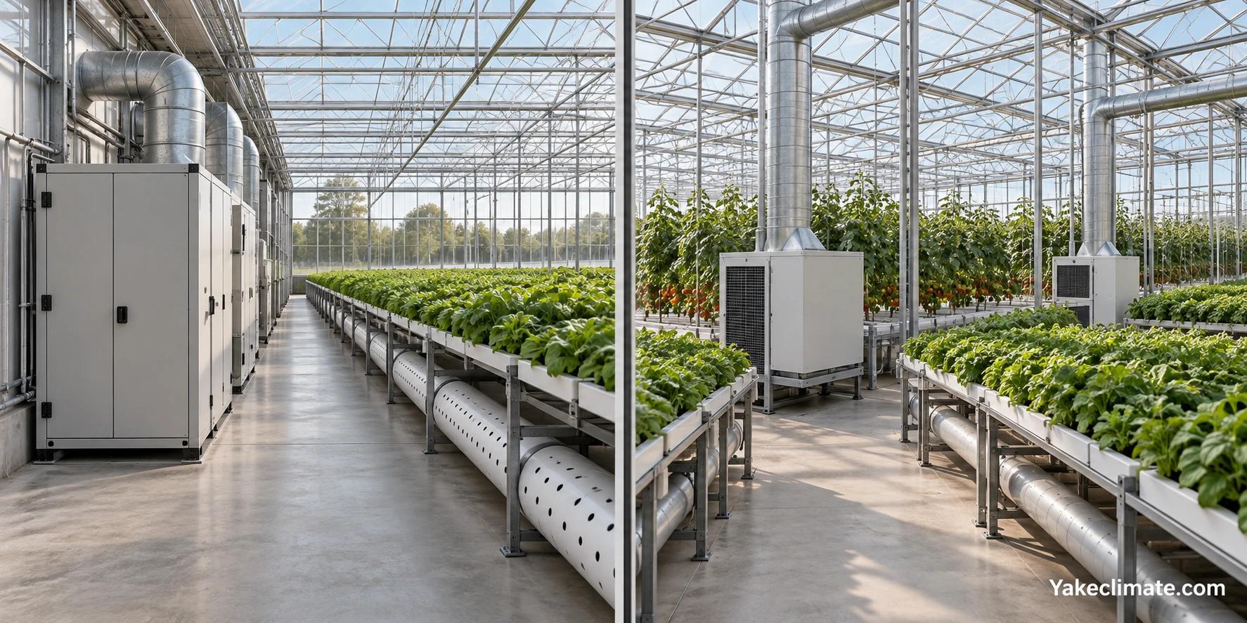 Conceptual illustration of a shared air-treatment equipment bank and distribution tubes beside separate local units in greenhouse crop bays; not a Yakeclimate customer site or approved engineering layout.