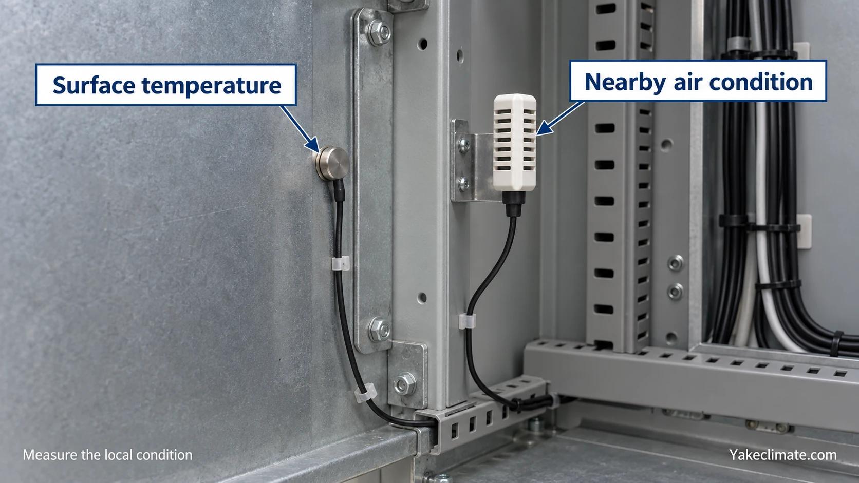 Contact surface-temperature probe and a separate nearby air-condition sensor mounted in the same enclosure corner.