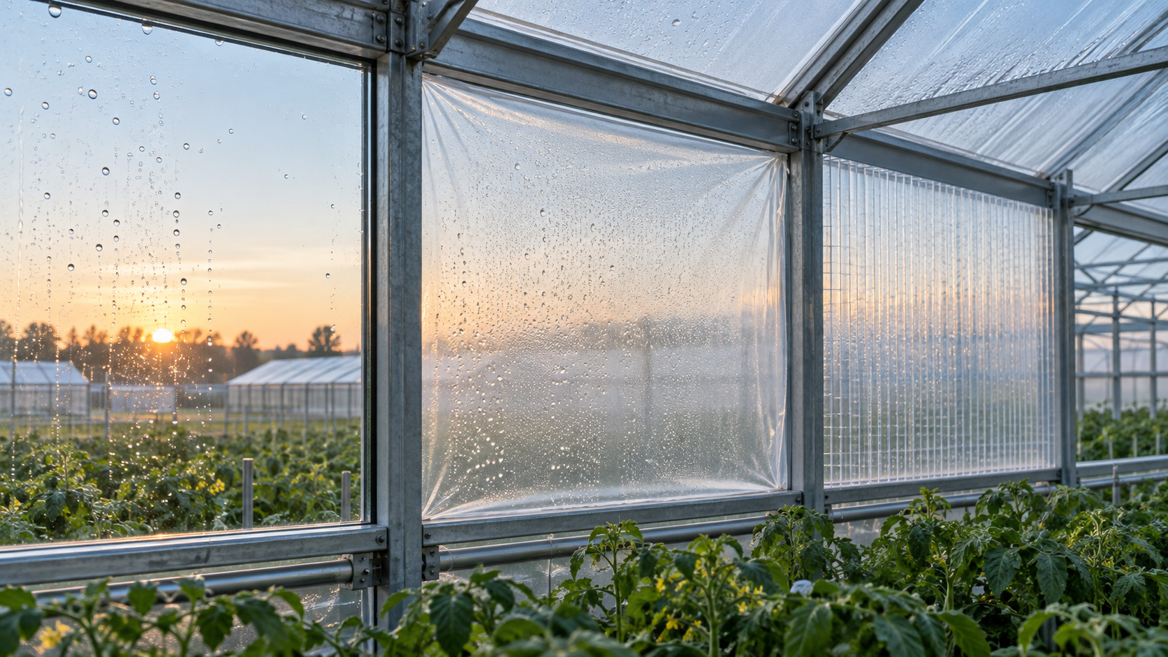 AI-created conceptual image of greenhouse glass, polyethylene film and multiwall rigid glazing bays with moisture on room-facing surfaces