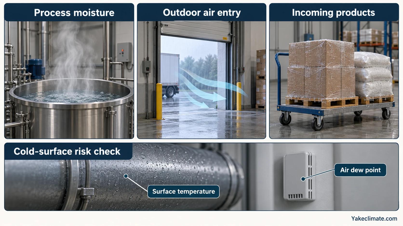 Separate process moisture, incoming outdoor air and product moisture, with a distinct cold-surface risk check.