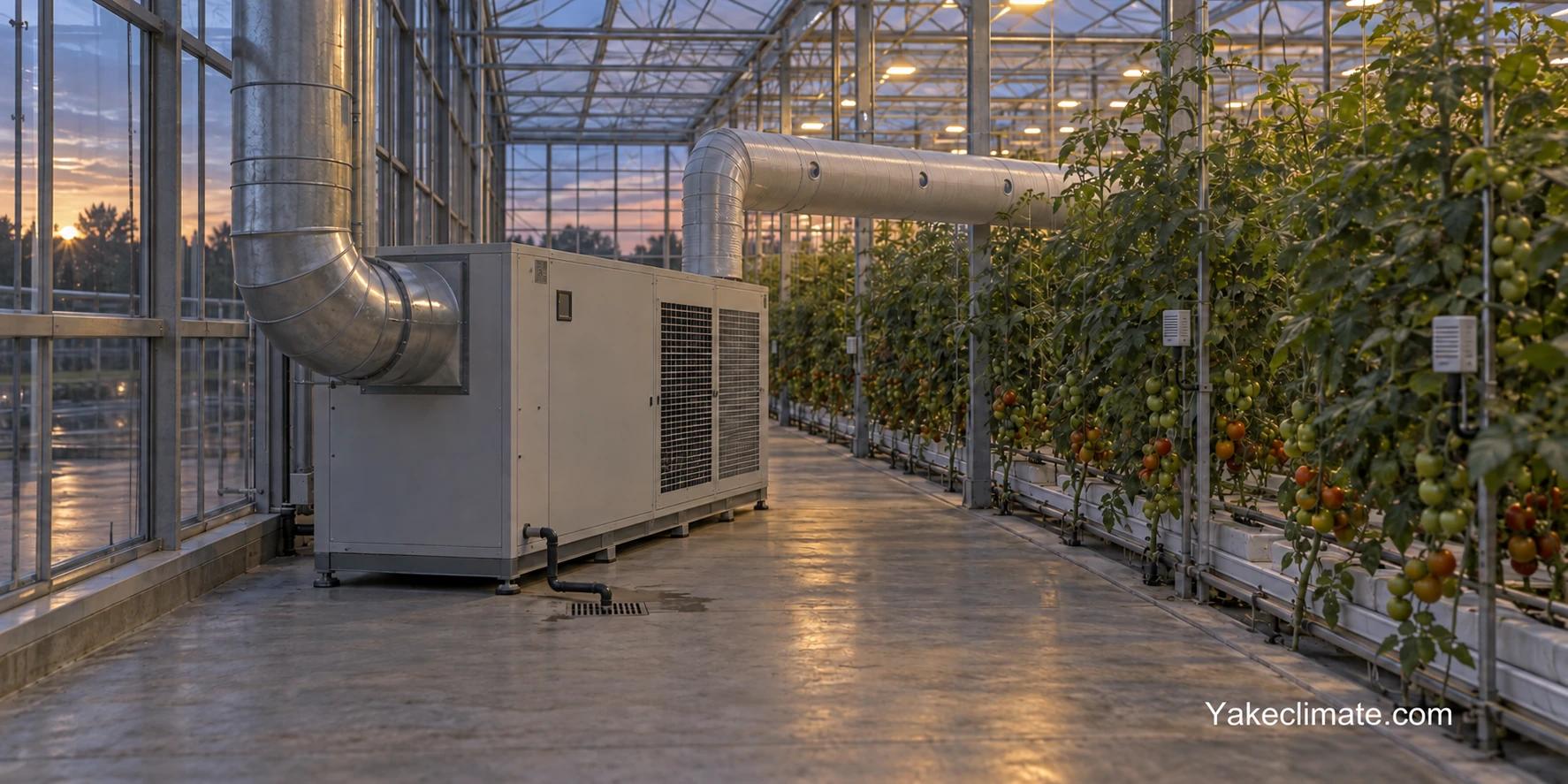 AI-created conceptual greenhouse scene with a generic air-treatment unit, ducts, floor drain and crop-zone sensors