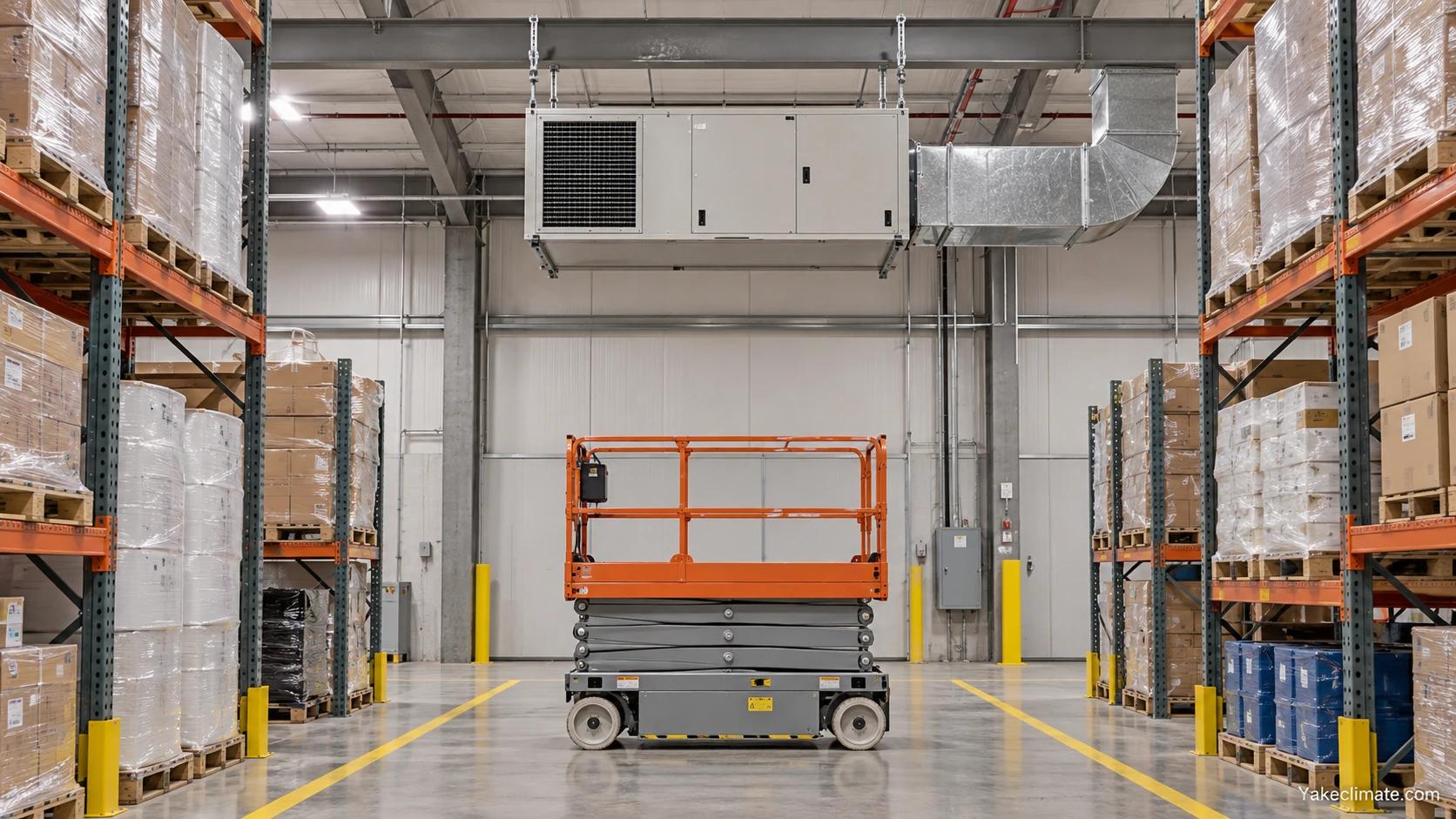 Lowered scissor lift in a clear warehouse service aisle beneath a suspended ceiling dehumidifier.