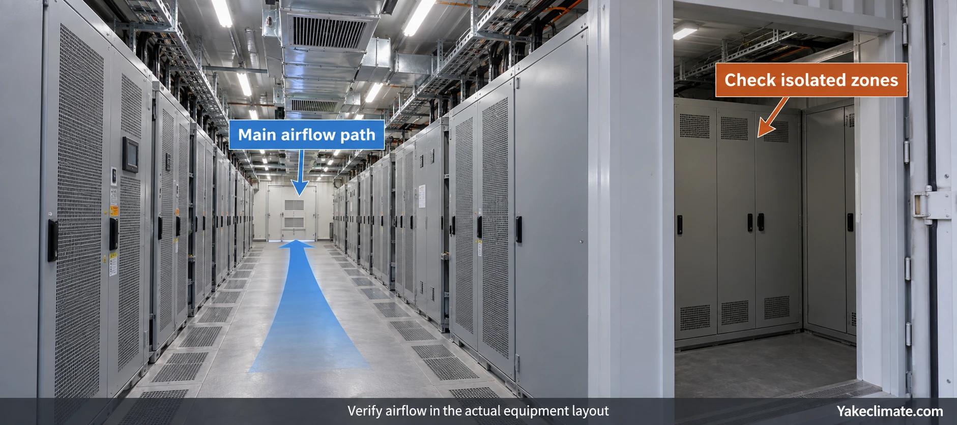 Illustrative container layout with a main aisle airflow path and a recessed cabinet zone behind a partition.