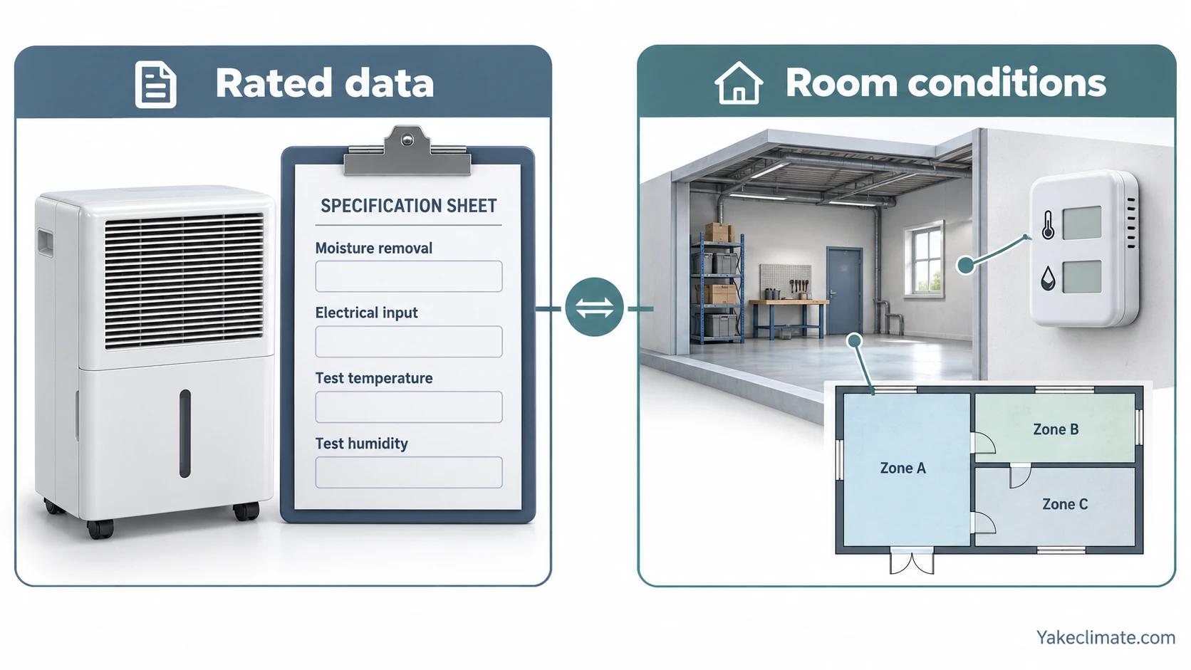 Dehumidifier rated data fields compared with room temperature, humidity and layout.