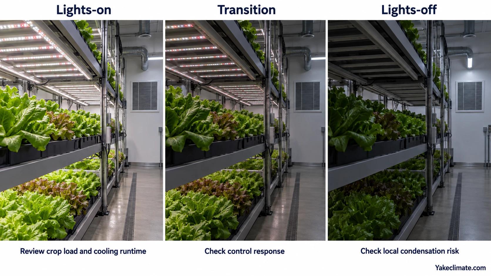 Conceptual indoor lettuce grow room across lights-on, transition and lights-off periods, with corresponding crop-load, control-response and condensation checks.
