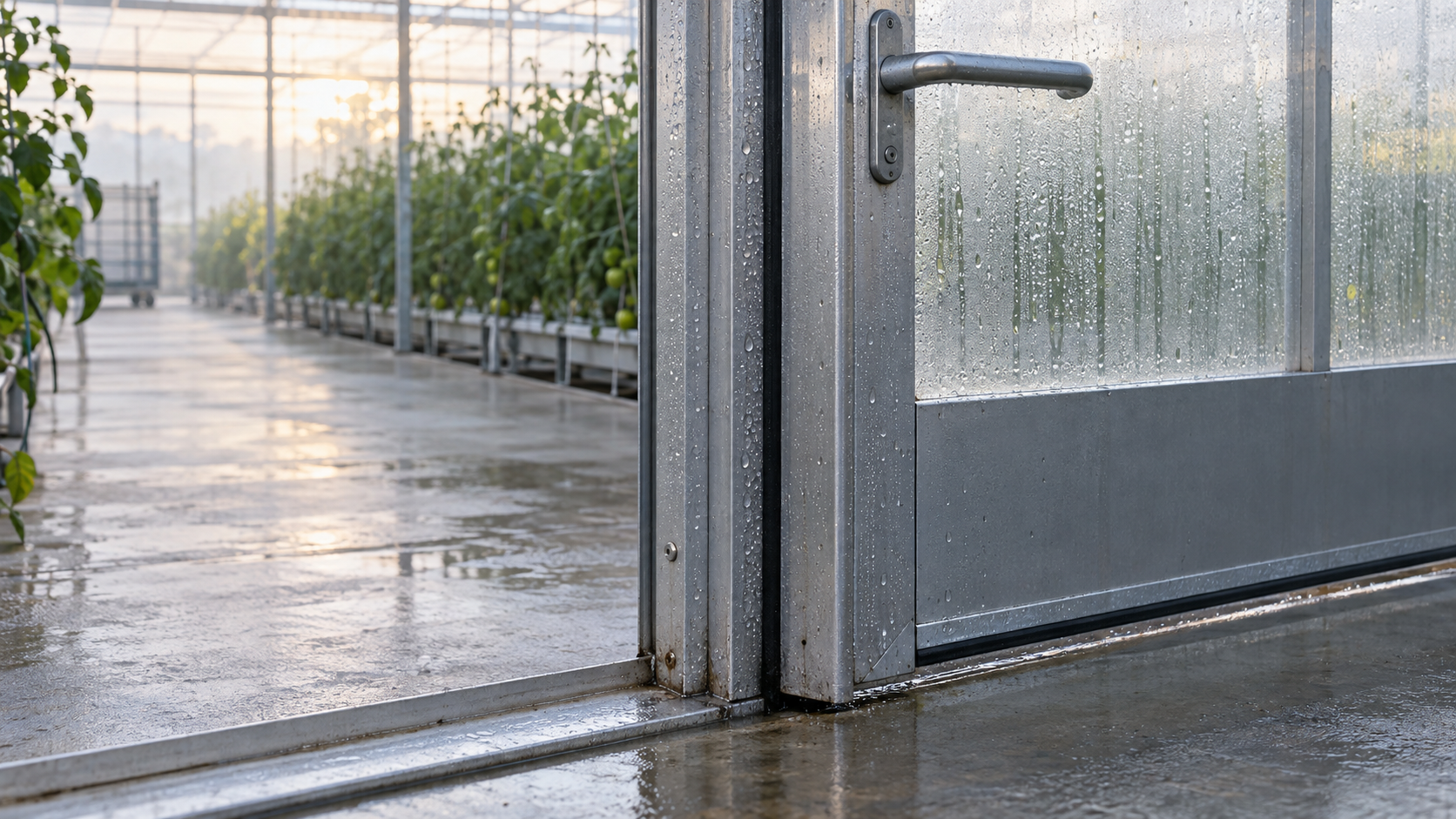 Conceptual image of droplets at a greenhouse door frame and threshold; the water source is unverified