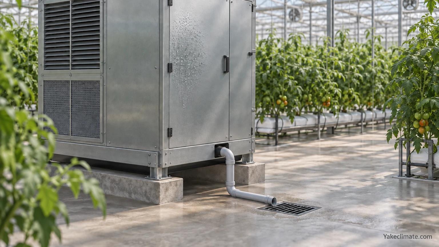 AI-created conceptual illustration of a greenhouse air-treatment cabinet with moisture on its outer panel and a separate condensate drain pipe