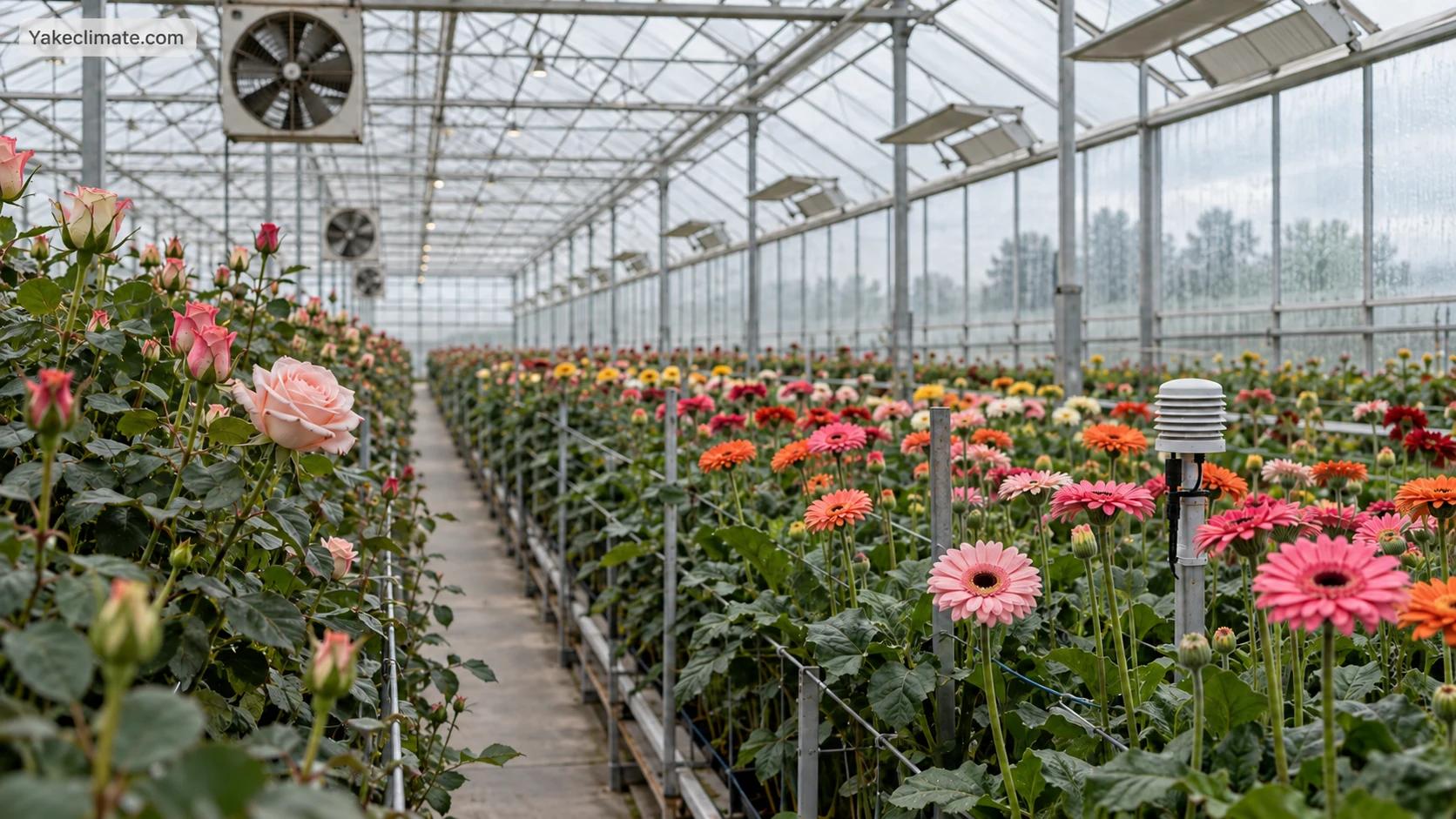 Conceptual cut flower greenhouse with rose and gerbera rows, overhead fans and a crop-zone sensor; not a Yakeclimate project photograph