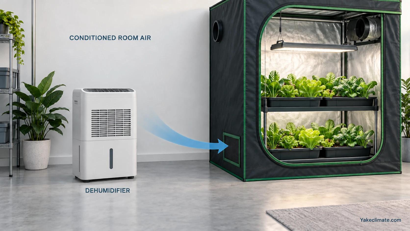 A dehumidifier outside a grow tent conditions the surrounding room from which the tent draws air.