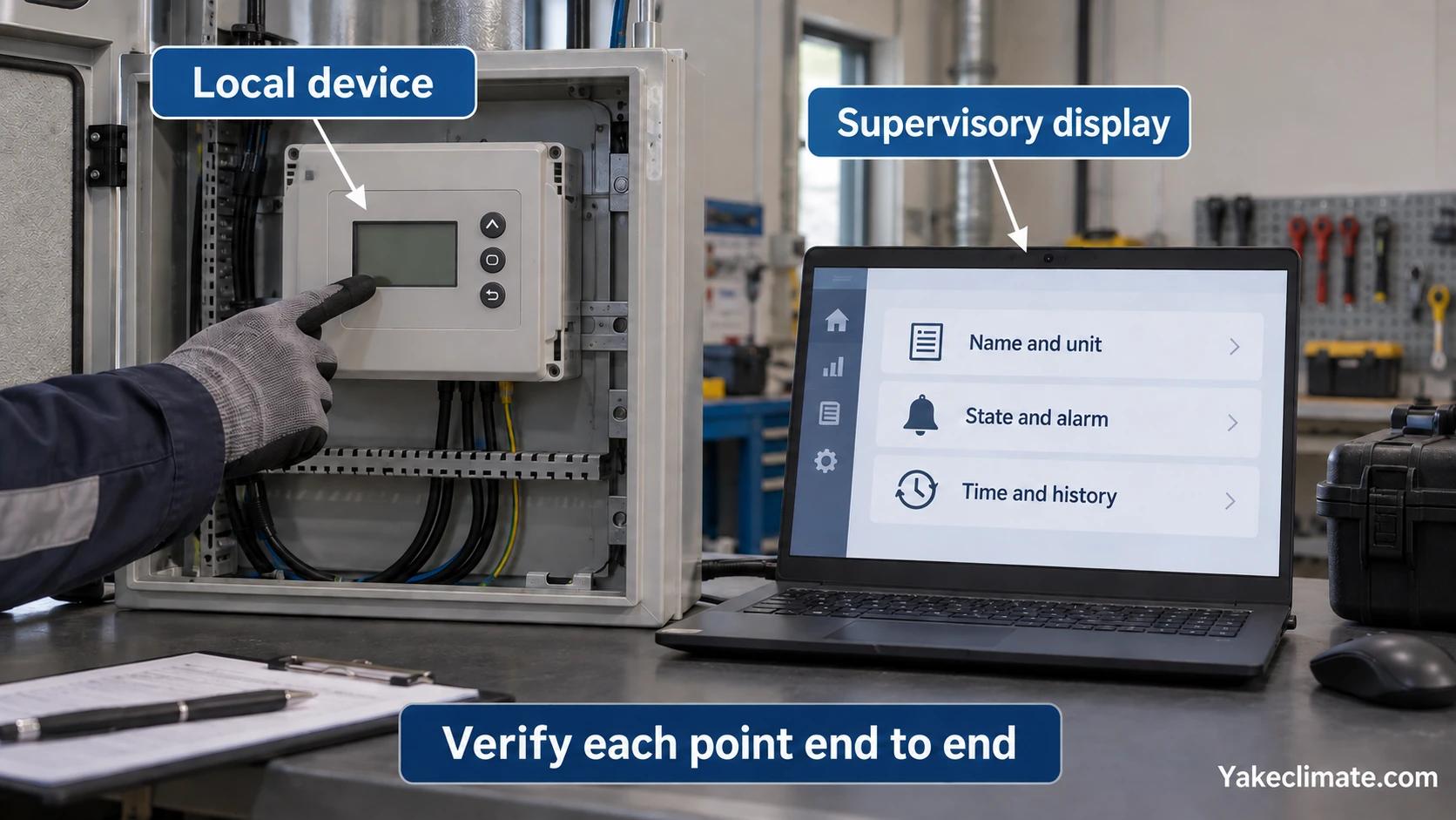 Illustrative interface commissioning with a local device display and laptop checklist for names, units, states, alarms, timestamps and history.