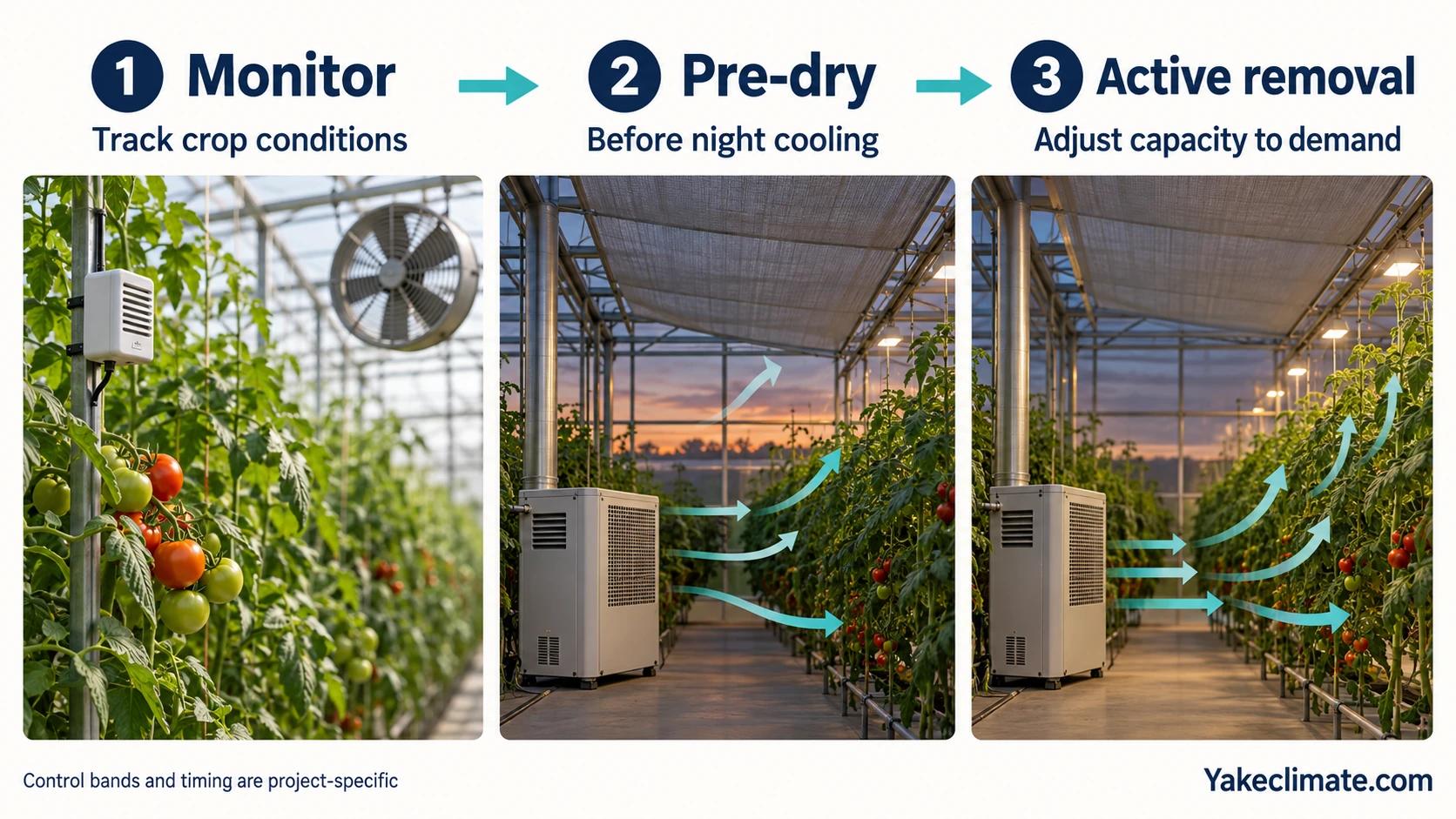Conceptual greenhouse humidity-control stages: monitor crop conditions, pre-dry before night cooling and adjust active moisture-removal capacity to demand.